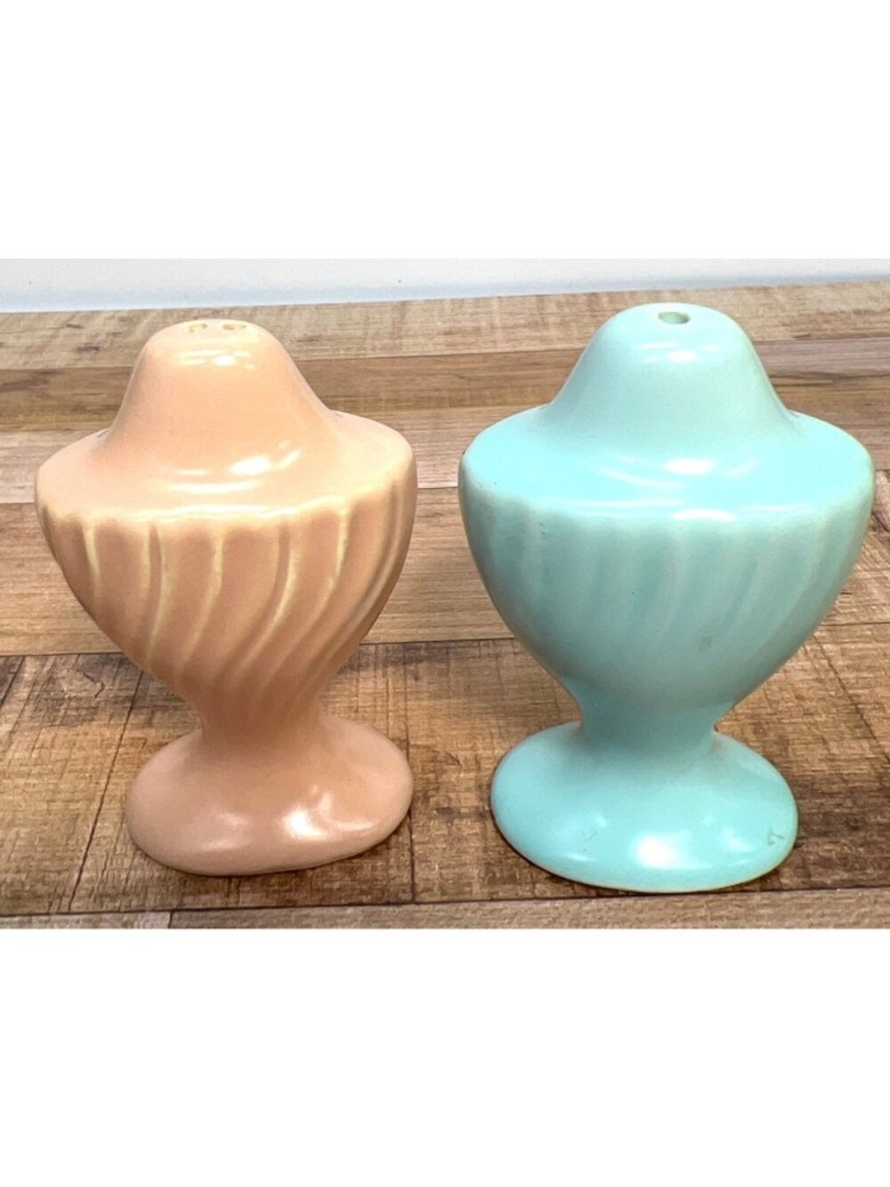 Vintage McCoy Ceramic Salt & Pepper Shakers In Blue & Peach With Swirl Design